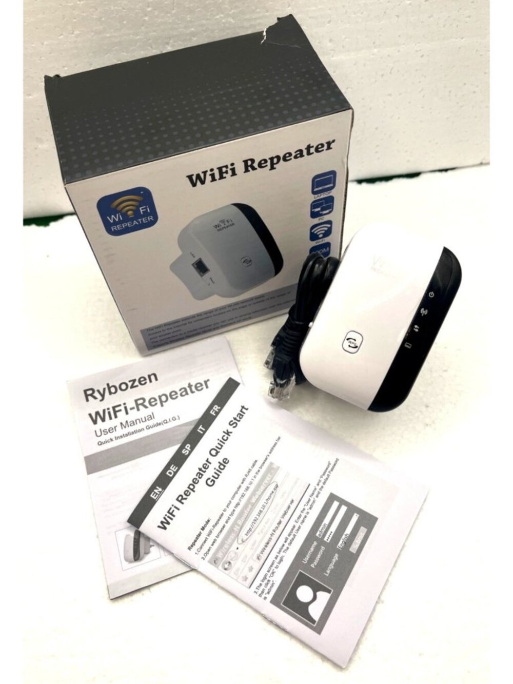 Rybozen WiFi Repeater 300Mbps Wireless‑N Range Extender w/Box Manuals Ethernet
